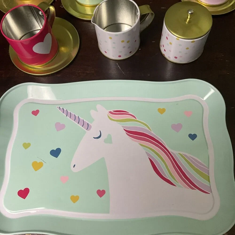 Pottery Barn Kids Play Dish Tin  Set Tray  4 Cups , Sugar and Creamer 4 Saucers